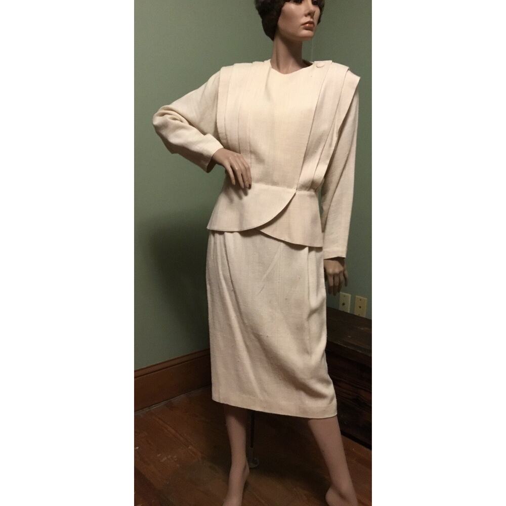 Vintage 1980s Pierre Cardin Boutique Cream Raw Silk Skirt Suit w/Peplum